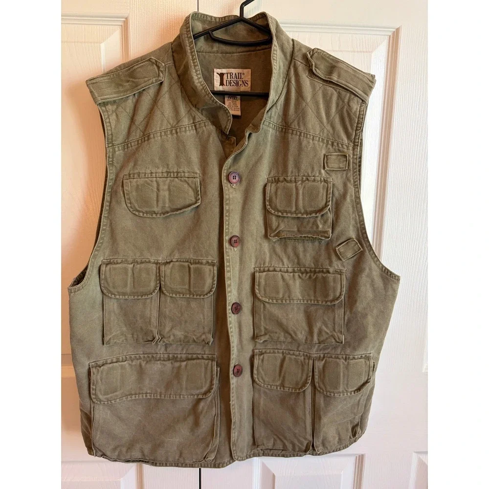 Trail Designs Mens Olive Green Cotton Utility Safari Fishing Vest TV727 Large